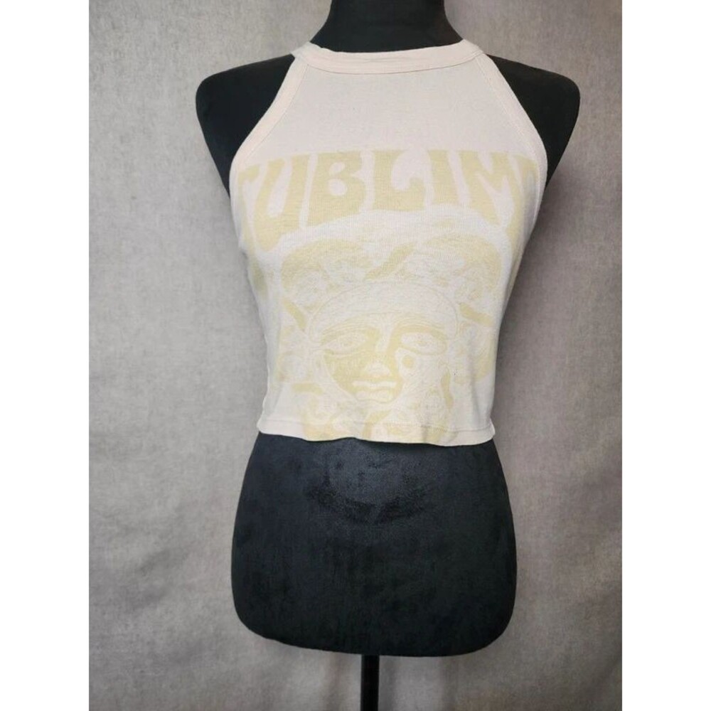 American Eagle Sublime Band Tee Halter Crop Top Sz M Cream & Yellow/Lime Graphic